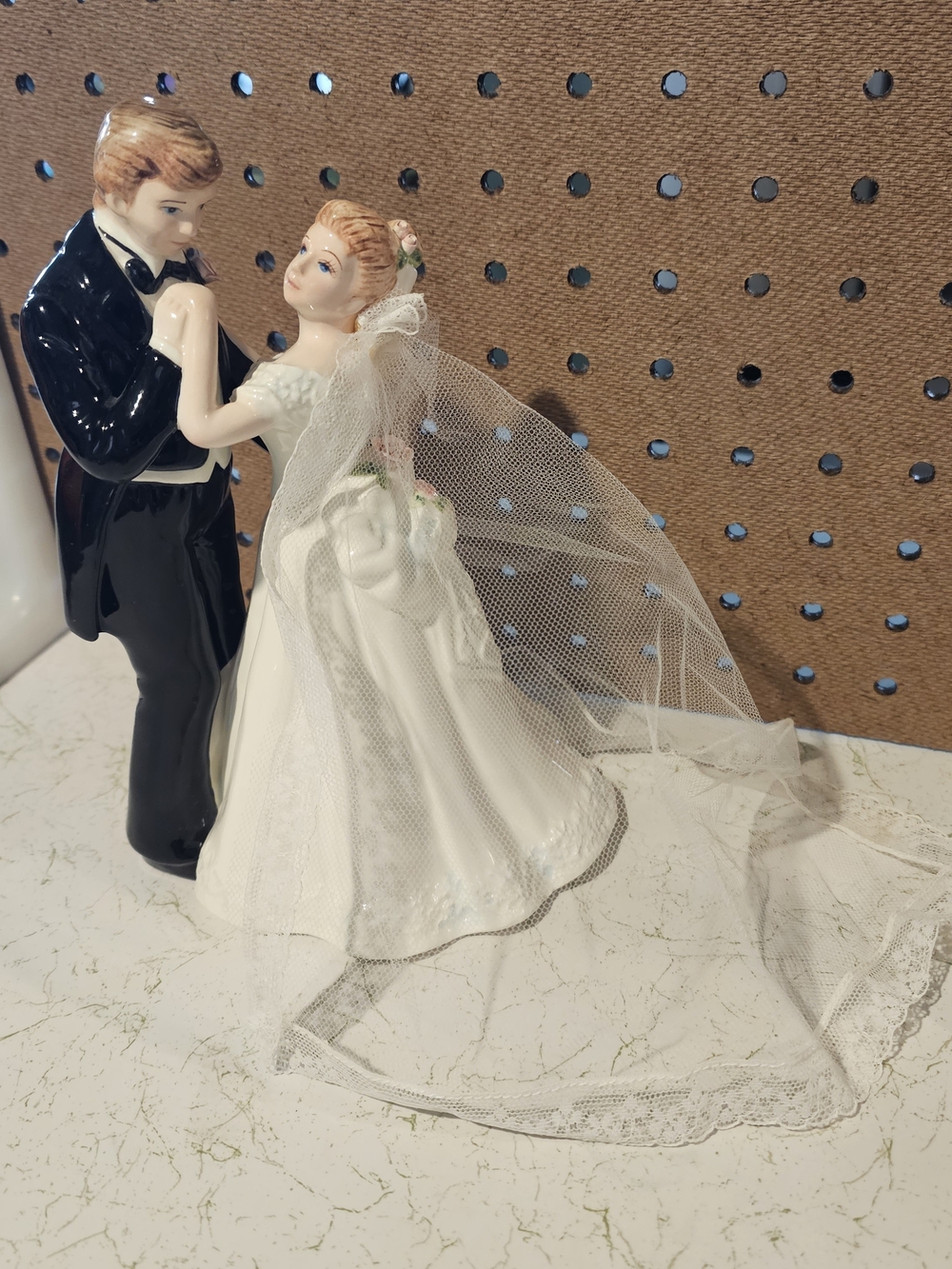Lefton Porcelain Bride and Groom Figurine in White and Black with Blond Hair